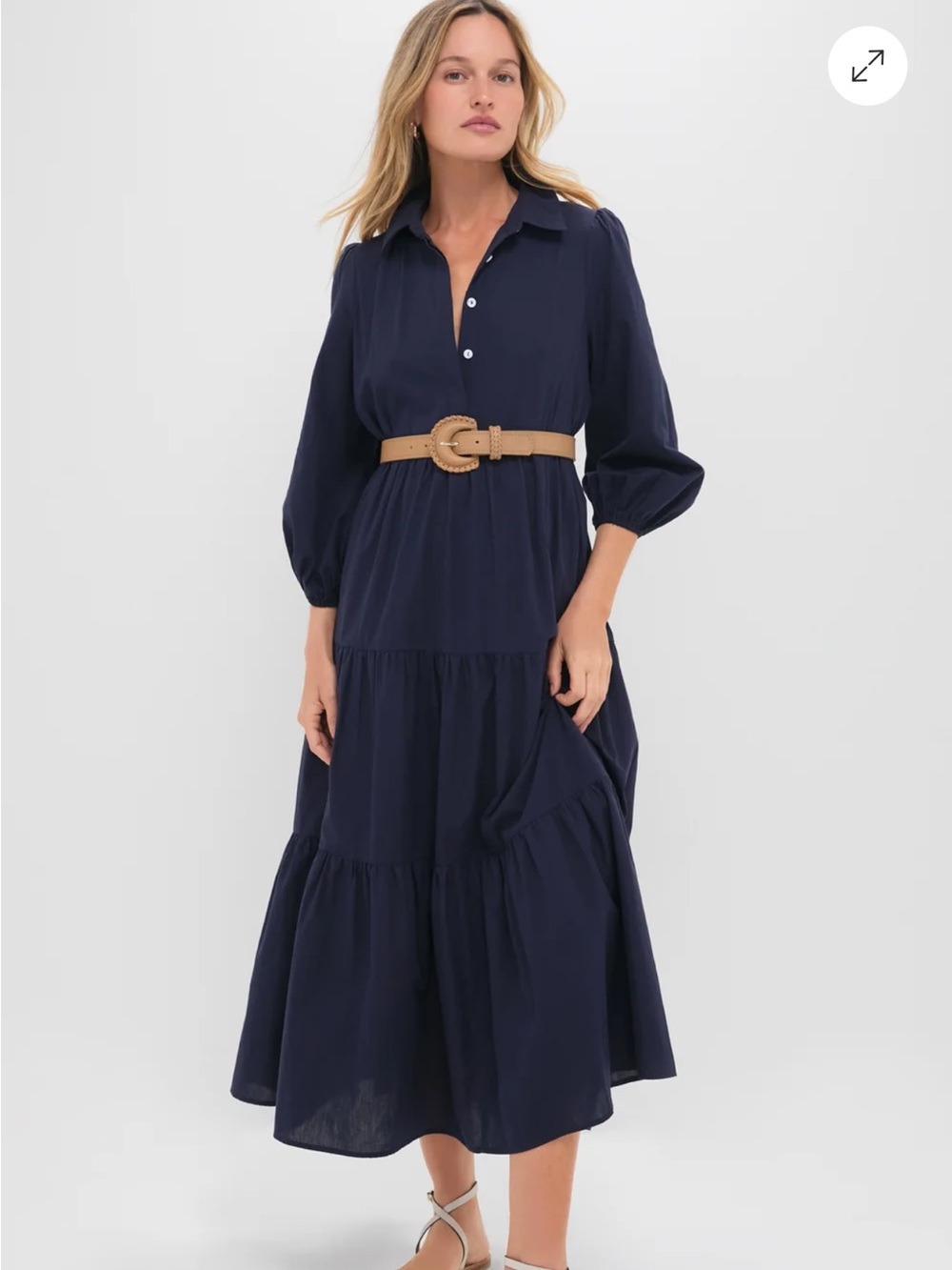 Tuckernuck Pomander Place Navy Tiered Midi Shirt Dress Size M